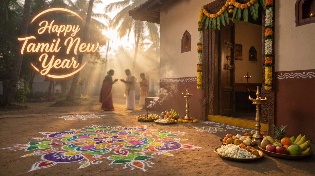 Happy Tamil New Year Wishes Image with Traditional Kolam & Festive Celebration