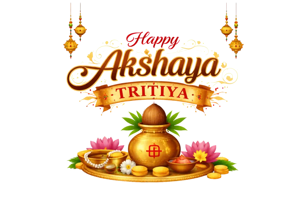 Happy Akshaya Tritiya PNG with kalash, gold coins, flowers, and hanging lamps. High-quality HD transparent image