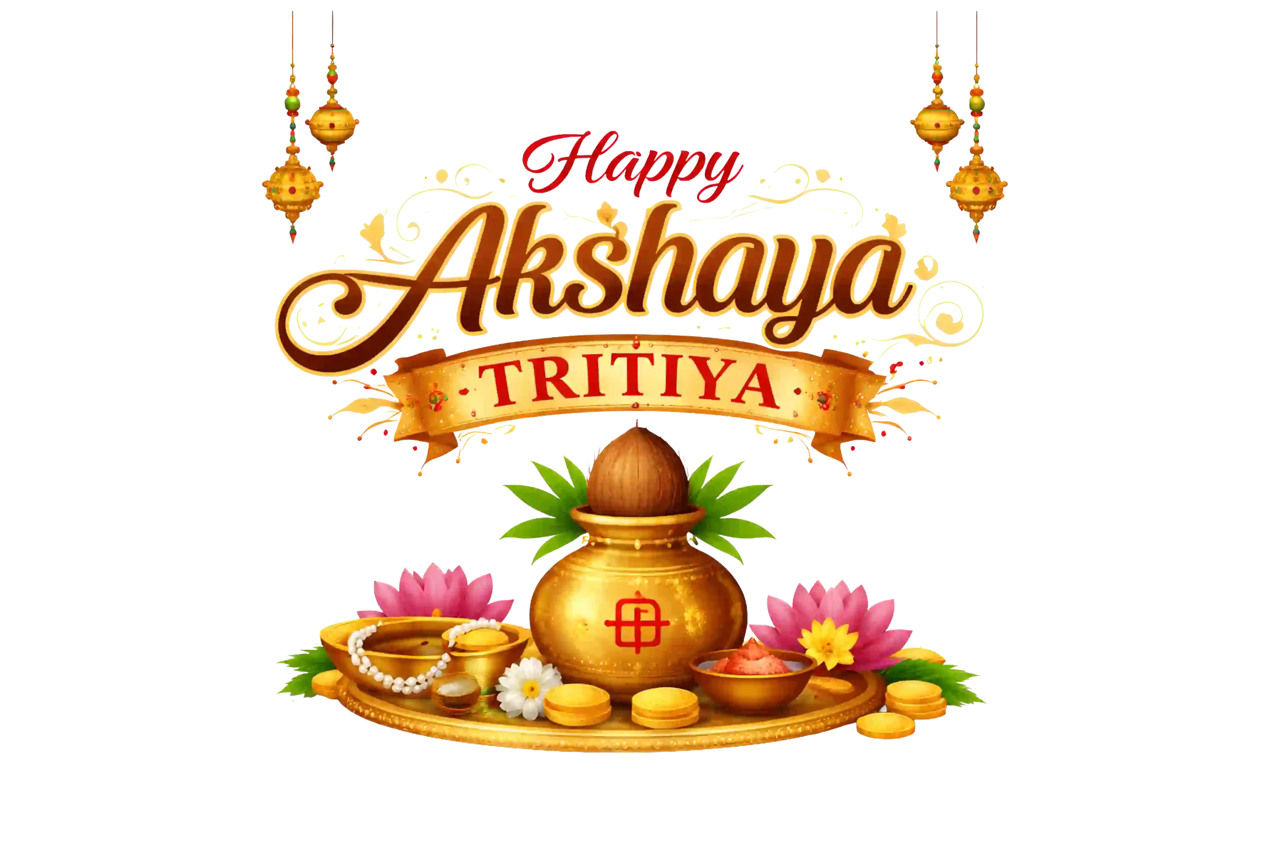 Happy Akshaya Tritiya PNG with kalash, gold coins, flowers, and hanging lamps. High-quality HD transparent image