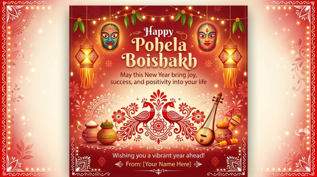 Happy Pohela Boishakh Wishes Image with Traditional Bengali Art Design HD