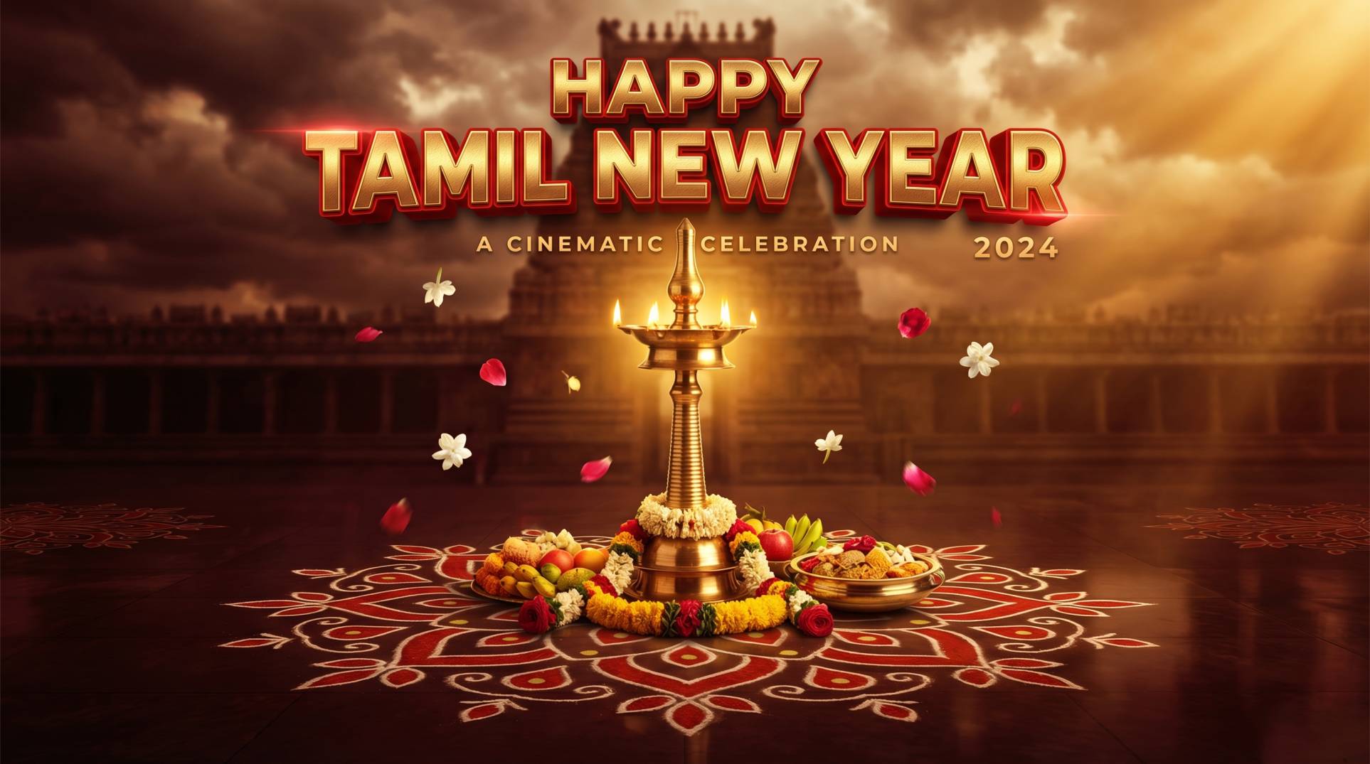 appy Tamil New Year Wishes HD Image with Temple Background & Traditional Lamp