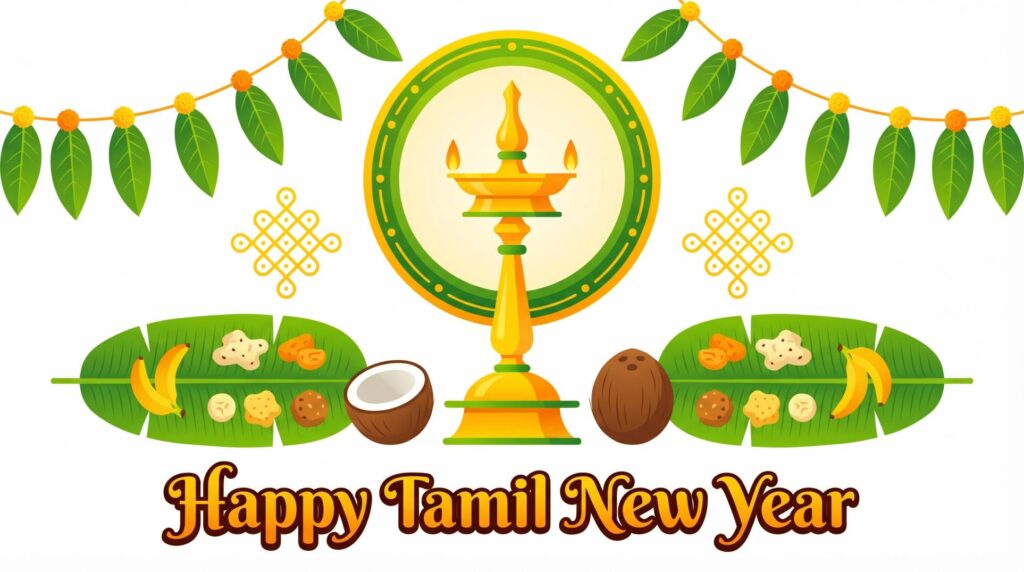Happy Tamil New Year Wishes Image with Traditional Lamp & Festival Vector Design