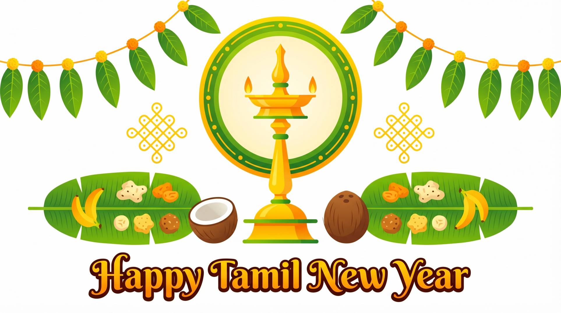 Happy Tamil New Year Wishes Image with Traditional Lamp & Festival Vector Design