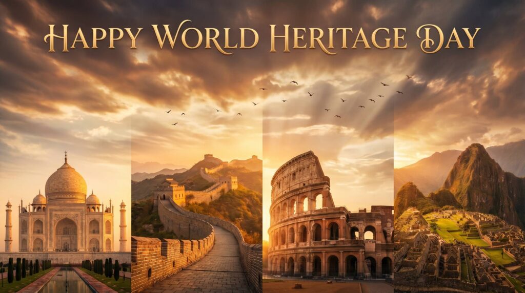 World Heritage Day Wishes Image with Famous Monuments & Cultural Landmarks HD