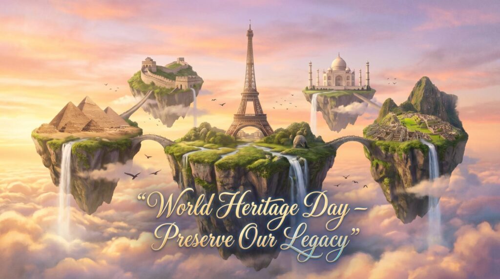 World Heritage Day Wishes Image with Floating Landmarks & Dreamy Sky Art