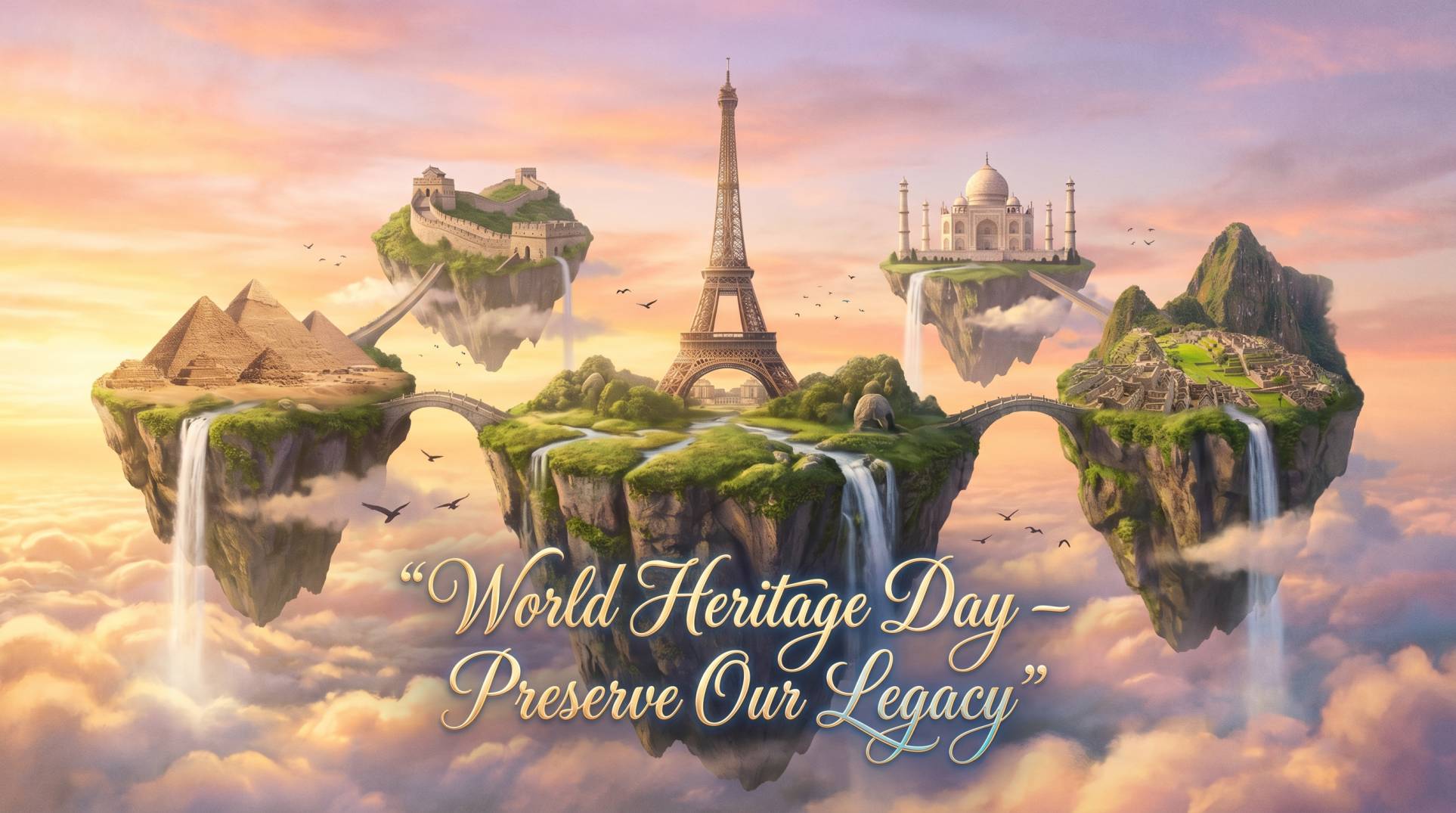 World Heritage Day Wishes Image with Floating Landmarks & Dreamy Sky Art
